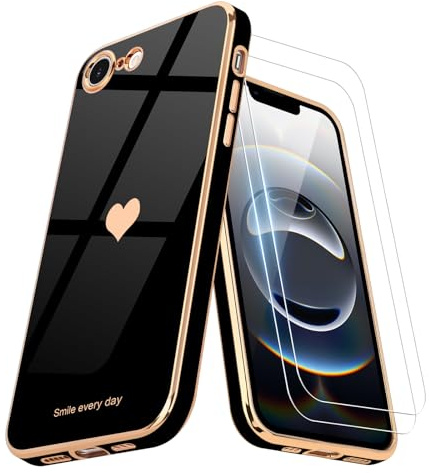 Teageo für iPhone 16e Hülle+2 Schutzfolie Herzmuster, Schwarz | Mädchen Stilvoll Galvanisierte Schutzhülle Weich TPU Phone Case