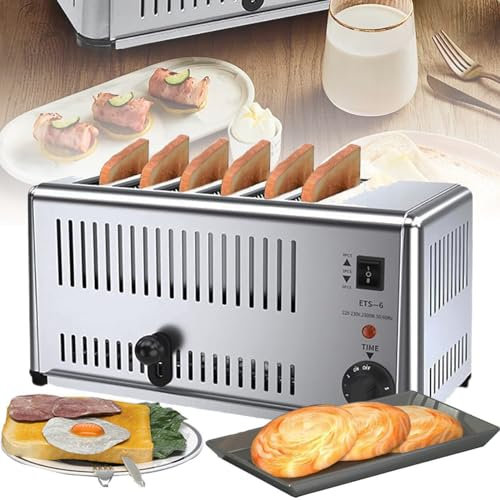 Genérico 6 Slice Toster Commercial: Ranuras Extra Anchas +5 Velocidad Ajustable, tostadora de Pan de Hamburguesa, tostadoras emergentes manuales, Bandeja de migajas extraíble, 1 a 2 Minutos