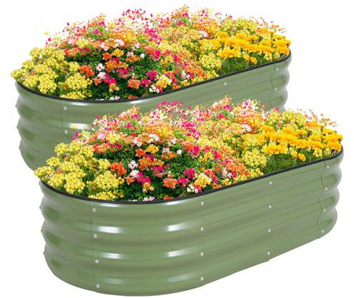 Zettfuly Galvanisiertes Hochbeet Kit - 120 x 60 x 30cm Outdoor Metall Pflanzkasten mit Sicherheitsrand und Handschuhe für Gemüse, Obst, Blumen, Kräuter (Oliver Grün, 2PCS)