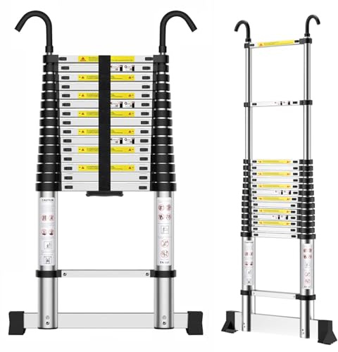 EOXCIIU Telescopic Ladder 6.2m/20ft, Stainless Steel Extendable Ladder with Hooks and Stable support frame, Height Adjustment, for Home, Attic Access, etc. Weight: 20 kg