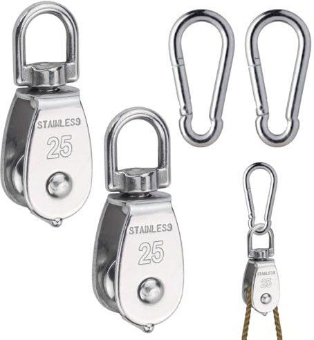 4 Stück M25 Umlenkrolle Klein,Umlenkrollen für Seile mit M6 Karabiner | 360° Drehbar, Tragkraft 150Kg, Edelstahl Umlenkrolle Riemenscheibe für Sonnensegel, Baugeräte, Seilwinden