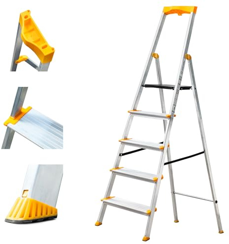HOSTROM Scala 5 gradini in alluminio, sgabello pieghevole con porta-attrezzi, gradini larghi 12 cm, uso domestico e professionale, garanzia 5 anni