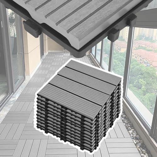 UISEBRT Balkon Bodenbelag WPC Terrassenfliesen Holzoptik Balkonfliesen Klicksystem Klickfliese Kunststoff Klick Fliesen für Garten Balkon Terrasse (Hellgrau, 1m² - Model H)