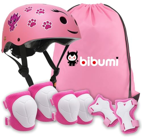 Casco y Protecciones Niño y Niña - Casco + 2 Rodilleras + 2 Muñequeras + 2 Coderas - Bicicleta/Patin/Patines/Skate - Ajustable 50-54cm. Infantil Niños 4-10 Años - Capacete Bicicleta Criança (Rosa)