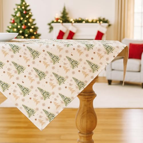 Vorysum Grün Weihnachtsbaum Schneeflocken Weihnachtsdeko Tischdecke Abwaschbar Saisonnal Küche Tisch Weihnachten Dekoration Drinnen Urlaub Party Dekor Christmas Table Cloth 85x85 cm