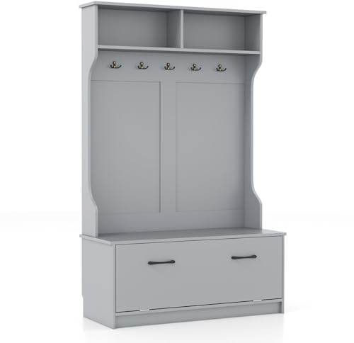 GIANTEX Garderobenständer mit Schuhbank, Garderobe mit Schuhschrank & 5 Doppelhaken & offenen Fächern, Garderobe Schrank Flur, Flurgarderobe (Grau)