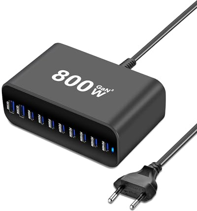 Lizoak 800W GaN Ladegerät, USB C Ladegerät - 10-Port Netzteil Mehrfach mit PD Charger PSS 140W, Desktop Horizontal Schnellladegerät kompatibel mit iPhone, Galaxy, MacBook, Pad, Laptops (8C2A)