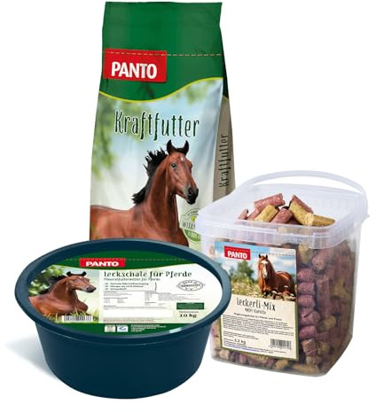 PANTO Rundum-Set Pferd – Formel A, Mineralleckschale & Leckerli | Komplettset aus Allroundpellet, Mineralleckschale mit Spurenelementen & Leckerli – Rundumversorgung für Pferde