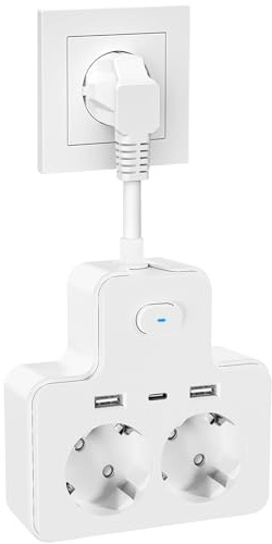 Steckdosenadapter mit USB, Doppelstecker für Steckdose, Steckdosenleiste 2 Fach mit 2 USB und Type c 3840W 16A Steckdose für Home, 2m Weiß