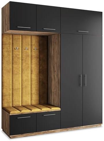 Masseno Flugarderoben Set Rema, Kleiderschrank-Set mit Sitzbank, Garderobenschrank Flur mit 5 Regalböden, Eiche Lefkas/Schwarz