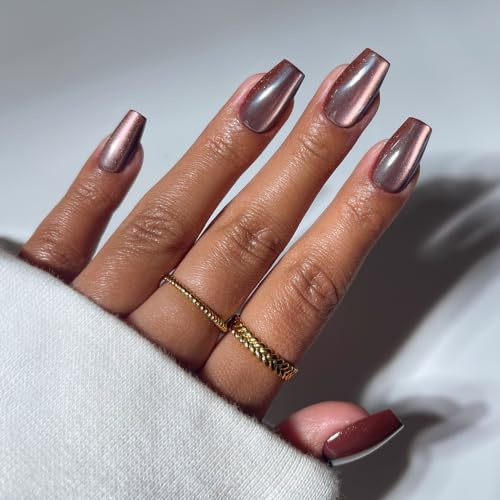 Glamnetic Fall Press On Nails, Medium Coffin Cat-Eye, Espresso Glow | Fall & Halloween brown cat-eye press on nails: Espresso Glow. Full nail kit. Brown glue on nails. Fake nails