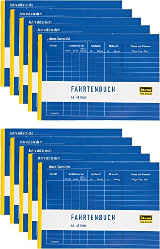 Idena 314250 - Fahrtenbuch, DIN A6 für 390 Fahrten doppelseitig bedruckt, holzfreies Papier, 40 Blatt (Fahrtenbuch, A6 | 10er Sparpack)