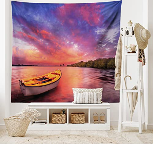 ABAKUHAUS Sonnenuntergang Wandteppich, Meerküste mit Einem Ruderboot aus Weiches Mikrofaser Stoff Waschbar ohne Verblassen Digitaldruck, 150 x 110 cm, Rosa und lila