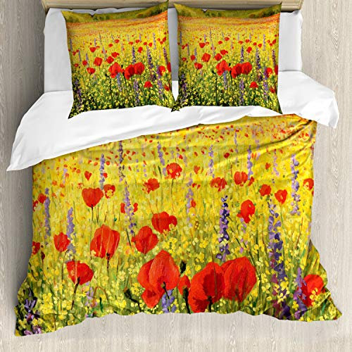 ABAKUHAUS Blume Bettwäsche Set für Doppelbetten, Feld mit Mohnblumen Farm, Weicher Microfaserstoff Allegigeignet kein Verblassen, Gelb Rot Grün