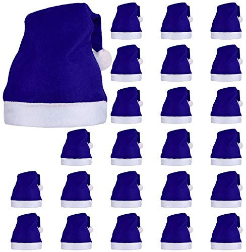 ELCOHO 24 Stück Weihnachtsmann Blaue Mütze Kurzer Plüsch mit weißen Manschetten Vliesstoff Weihnachtsmütze Nikolausmütze für Erwachsene