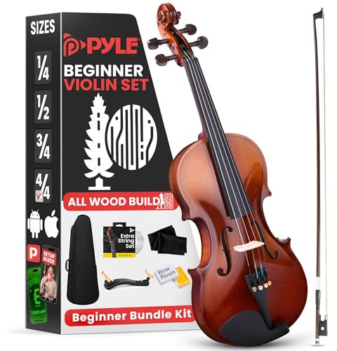 Pyle Geige 4/4 aus Holz – Violine 4/4 geeignet für Geiger – inkl. Geigenkoffer, Stimmgerät, Schulterstütze, Kolophonium, Ersatzsaiten & Bogen – Anfängervioline & Fortgeschrittene um Geige zu lernen