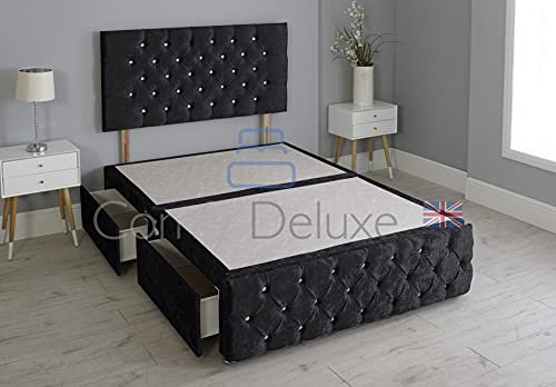 Crushed Velvet Chesterfield Divan Bed with Matching Footboard - Base Only No Mattress Include (Black, 2FT6-0 Drawers)
