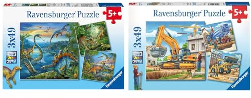 Ravensburger Kinderpuzzle - 09317 Faszination Dinosaurier & Kinderpuzzle - 09226 Große Baufahrzeuge - Puzzle für Kinder ab 5 Jahren, mit 3x49 Teilen