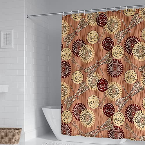 KnSam Duschvorhang, Vorhang Für Badezimmer Blumen Und Libellen-Muster Polyester Anti-Schimmel Wasserdicht Vorhänge An Badewanne Bad Inkl. 12 Duschvorhangringen Braun 180X200Cm