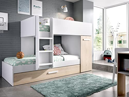 Vente-unique Etagenbett Ausziehbett mit Stauraum + Matratzen - 3X 90 x 190 cm - Weiß & Naturfarben - Anthony