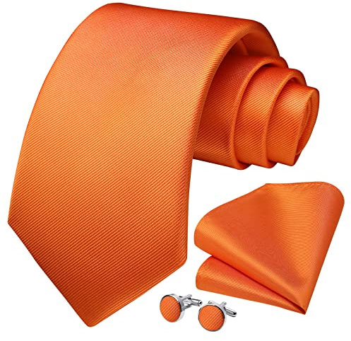 HISDERN Herren Hochzeit Orange Krawatten und Einstecktuch Solide Krawatte Manschettenknöpfe Set