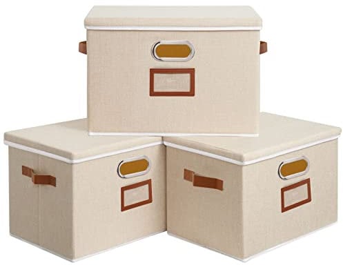 OUTBROS 3 Stück Aufbewahrungsboxen, Faltbarer Stoffboxen mit Etikettentasche, Aufbewahrungskorb mit Deckel,Geeignet für Schränke, Regale45 x 30 x 30 cm,Beige