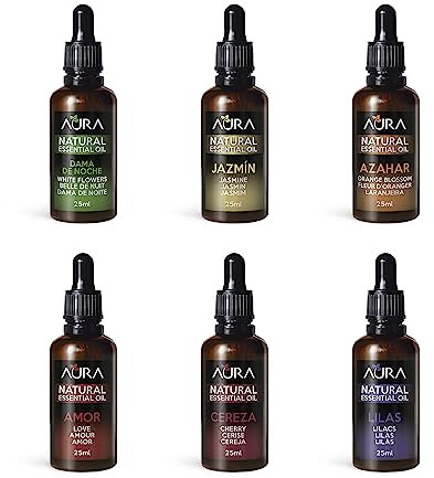 AURA | Juego 6 Aceites Esenciales para Humidificador | 100% Puro | Pack con Aromas Azahar | Dama de Noche | Jazmín | Cerezo en Flor | Lilas | Amor | Set 6x25ml | 0% Alcohol