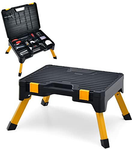 GOPLUS 2 in 1 Werkstatthocker mit Werkzeugkiste, Klappbare Tritthocker mit Stauraum & rutschfeste Füße, Tragbare Werkzeugkasten mit Handgriff, für Küche & Garage, bis zu 150 kg Belastbar, Schwarz