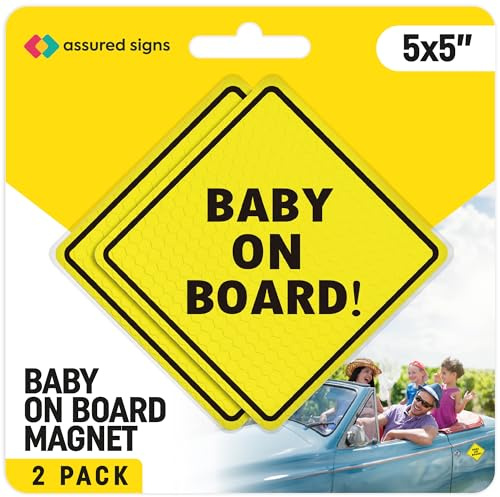 Lot de 2 panneaux magnétiques « Baby on Board » pour voiture, 12,7 x 12,7 cm – Autocollant magnétique essentiel pour pare-chocs – Jaune vif et réfléchissant – Meilleurs accessoires de panneau de