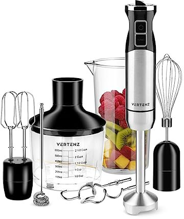 VERTENZ Titan 50 Electric Hand Blender, 850ml Mixing and Measuring Cup, 600ml Chopper, Whisk and Dough Hook, 1400W, Steel Base and Titanium Blades, 8