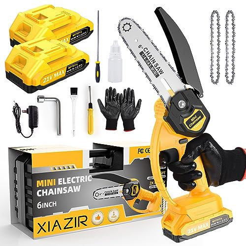 XIAZIR Mini Chainsaw 6 inch Cordless, 2 Battery 21V/2Ah Powered Chain Saw for Branch Pruning, Portable Electric Handheld Small Chainsaw w/Security Lock, for Wood Cutting Tree Trimming (yellow)