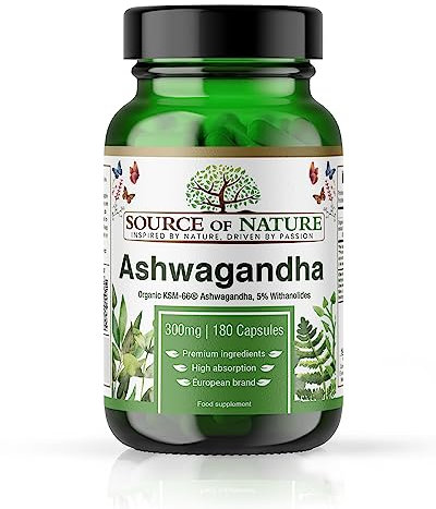 Bio-Ashwagandha | KSM-66® | Source of Nature® | 300mg | 180 Kapseln | 5% Withanolide | Hochdosiert | Sleepberry | Vegan | EU-Produktion | Natürlich