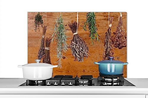 KitchenYeah© Küchenrückwand Platte Spritzschutz Küche Deko Aluminium Platte Wandschutz Küchen Zubehör WandverkleidungTrockenblumen - Holz - Braun - 80x55 cm