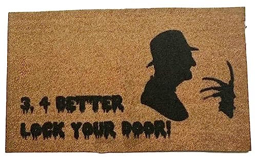 Melody Jane Dolls House Halloween Door Mat Lock Your Door Horror Movie Rug 1:12 Printed Card