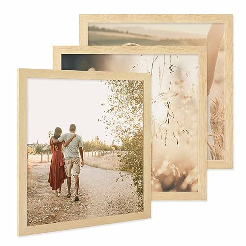 PHOTOLINI Bilderrahmen 40x40 cm MDF-Holz Natur, breite Rahmen, 3er Set, modern, bruchsicheres Acrylglas, zum Aufhängen, extra Zubehör - für Ihre stilvolle Wanddekoration