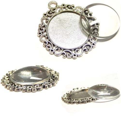 8 Teile 4 Stück Charm Leere Lünette Tablett Set Medaillons Metall Anhänger Fassungen Runde 25mm Klar Glas Optik Cabochon Bastelset (Silber Modell-11)