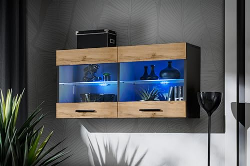 Komodee Vitrine Savona Wotan/Schwarz 100x50x30 cm | Vitrine Savona, Wotan/Schwarz, Breite 100cm x Höhe 50cm x Tiefe 30cm, ohne LED, 2 Glasböden, 2 Türen, für Wohnzimmer