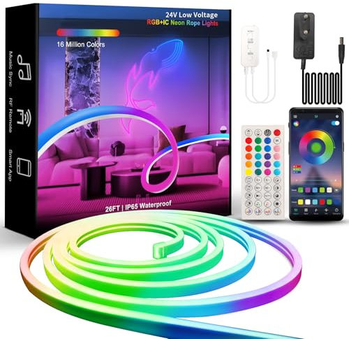 BUNACET RGB+IC Neon Ruban LED 8M 24V, Bande LED Dimmable Néon Bande Flexible, IP65 Etanche avec Contrôle APP, Télécommande, Puissance,Multicolore Bande Neon pour Extérieur/Intérieur Décor