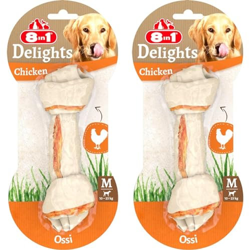 8in1 Delights Chicken Knochen M - gesunder Kauknochen für mittelgroße Hunde, hochwertiges Hähnchenfleisch eingewickelt in Rinderhaut, 1 Stück (Packung mit 2)