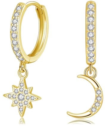 Loutade Silver Drop Hoop Earrings for Women, 925 Sterling Silver Moon Star Dangle Hoop Earrings, CZ Drop Huggie Cartilage Gold Sleeper Earrings, Dainty Cute Gold Hoop Earrings with Moon Star Dangle