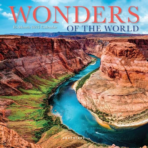 Graphique 2025 „Wonders of the World“-Mini-Wandkalender, 17,8 x 17,8 cm, dickes Papier, für Zuhause und Büro, großes Monatsraster, 3 Sprachen, markierte Feiertage, 4-Monats-Vorschau-Seite für 2026