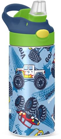Monster Truck Cars - Botella de agua para niños con pajilla, botella de agua aislada de acero inoxidable para niños y niñas, escuela, 350 ml, a prueba de fugas, botella de agua fría caliente