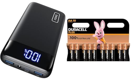 INIU Power Bank, 20000mAh Fast Charging Portable Charger, 22.5W Powerbank & Duracell Plus AA Mignon Alkaline Batteries, 1.5 V, LR6, MN1500, Pack of 10