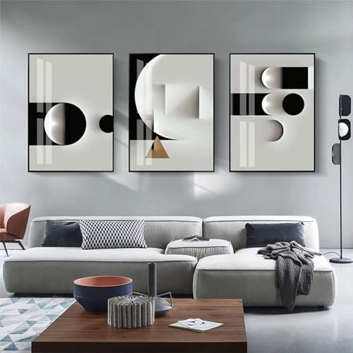 3er Set Abstrakt Leinwand Bilder Schwarz Weiß Grau Geometrische Kunstdruck Poster Goldene Marmor Textur Wandkunst Poster Wohnzimmer Decor Bilder Grau Ohne Rahmen (A,60x90 cm)