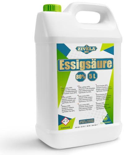 5 l d'acide acétique 80 % de qualité supérieure | Essence de vinaigre 80 % de qualité alimentaire 5 kg | Vinaigre de haute pureté pour de nombreuses applications | Parfait pour un usage domestique,
