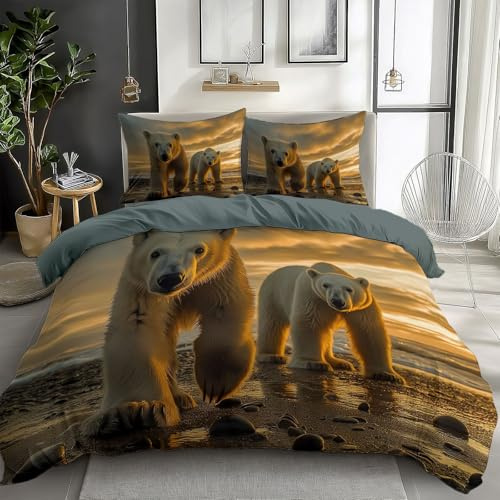 CozyRest Bettwäsche Set 135 x 200 cm Eisbär Bettbezug 3 teilig Weich Mikrofaser Bettwaren, Grau Blau Bettwäsche-Set für Kinder Teenager ReißVerschluss Mit 2 Kissenbezug 80x80 cm