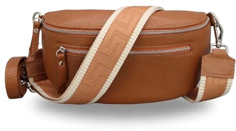 BRISE Bauchtasche Damen Echtes Leder Lucia Handgemachte Umhängetasche Crossbody Bag mit Ledergurt + Optionalen Breiten Gemusterten Riemen 3 Fächer Stylische Hüfttasche Made in Italy (Cognac Braun-3)
