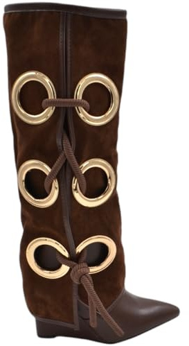 Stivali Donna Alti in camoscio Marrone Applicazioni Oro Modello Shark Risvolto Fino a Terra Zeppa 10 cm con Zip