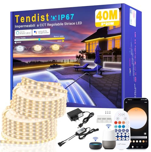 TENDIST Striscia LED Esterno Bianco Freddo a Bianco Caldo Dimmerabile, Luci LED Compatibile con Alexa, Luce LED Senza Filo Smart, 24v Impermeabile Striscia Adesive per Cucina, Giardino (IP67, 40M)