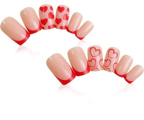 Valentines Nails,Fashionable & Sophisticated Square Shaped Heart Nails,Stick On Valentines False Nails,Short Valentine's Day Nail Design Accessories,for Women and Girls